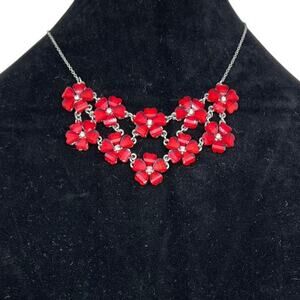 Red Crystal Flower Statement Necklace Bib Collar Chainlink Fashion Jewelry 34"